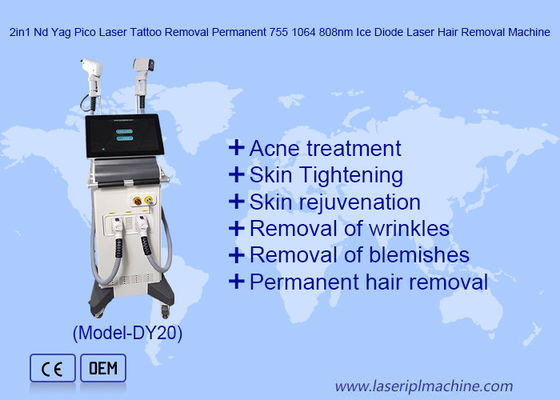 Buen precio 2 en 1 Nd Yag Pico Laser de eliminación de tatuajes permanente 755 1064 808nm Diodo de hielo máquina de depilación láser en línea